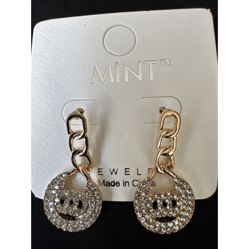 Mint Rhinestone Faux Gold Chain Coin Dangle Drop CZ Fashion Earrings 1.4" NEW